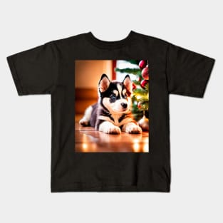 Husky Puppy Dog by Christmas Tree Kids T-Shirt